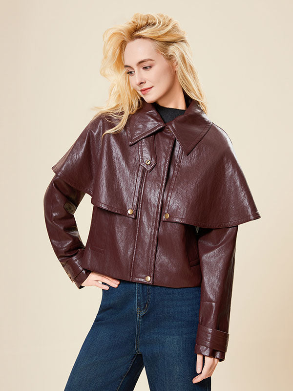 Fold Over Collar Solid Poncho Leather Jacket
