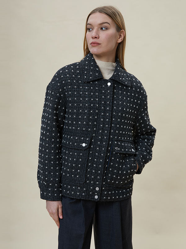 Beading Flap Pocket Zipper Jacket