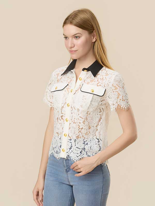 Color Block Lace See Through Shirt