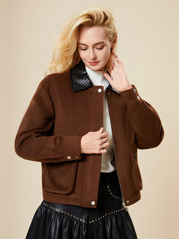 Color Block Metal Buttons Zipper Leather Jacket