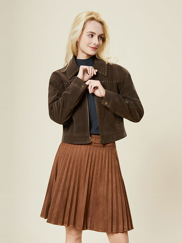 Fold Over Collar Rivet Zipper Brown Jacket