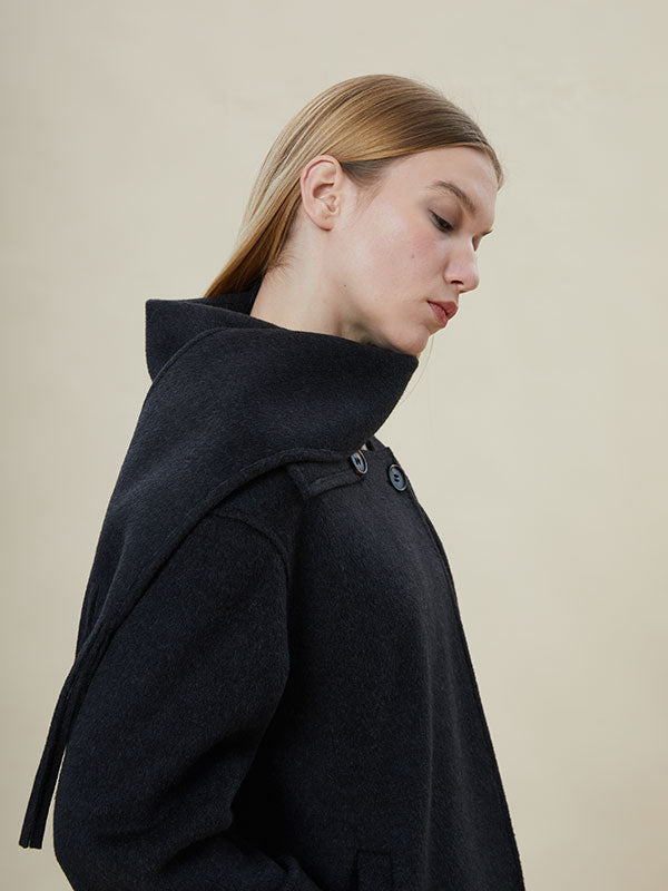 Unique Scarf Collar Button Solid Coat