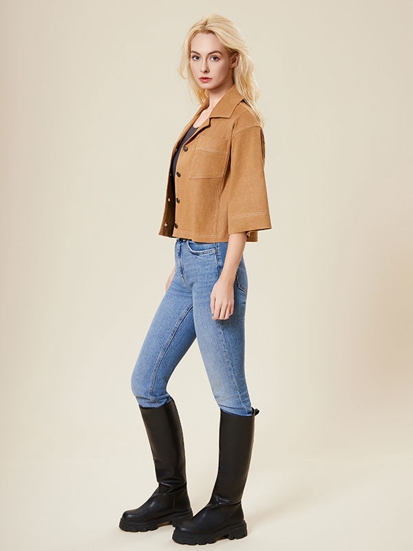 Notch Lapel Patch Pocket Solid Blouse