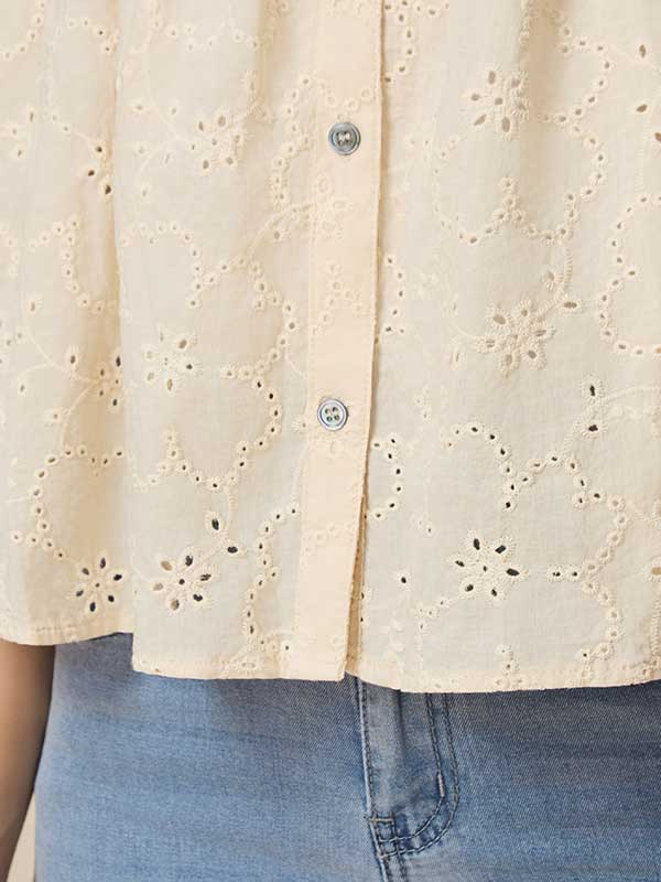 Flounce Hollow Out Crew Neck Blouse