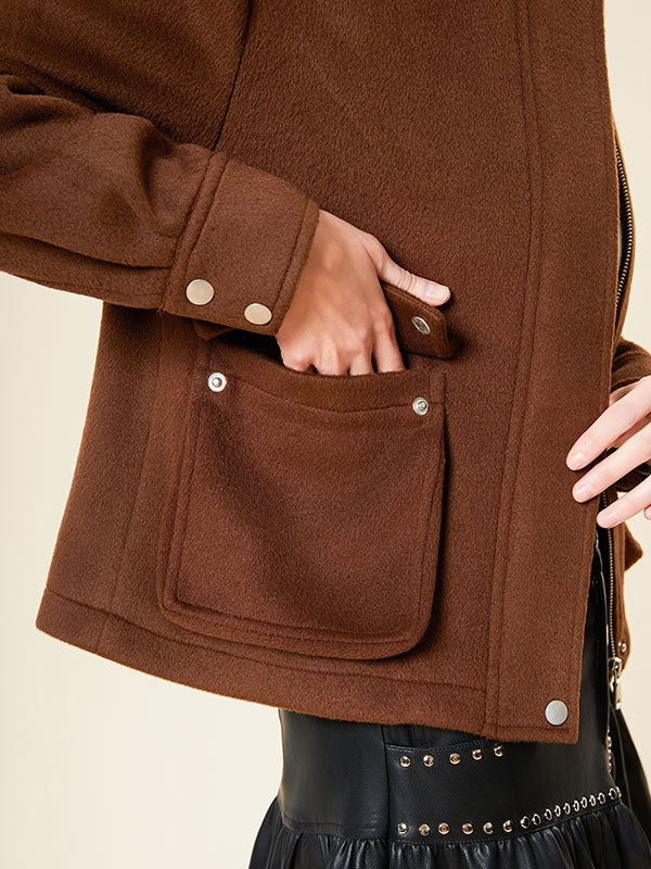 Color Block Metal Buttons Zipper Leather Jacket