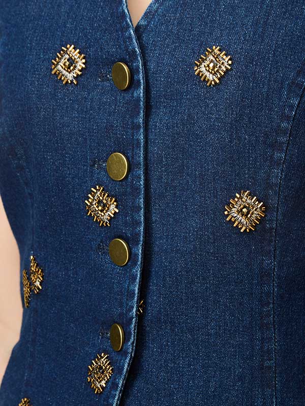 Embroidery V Neck Denim Outfit Sets