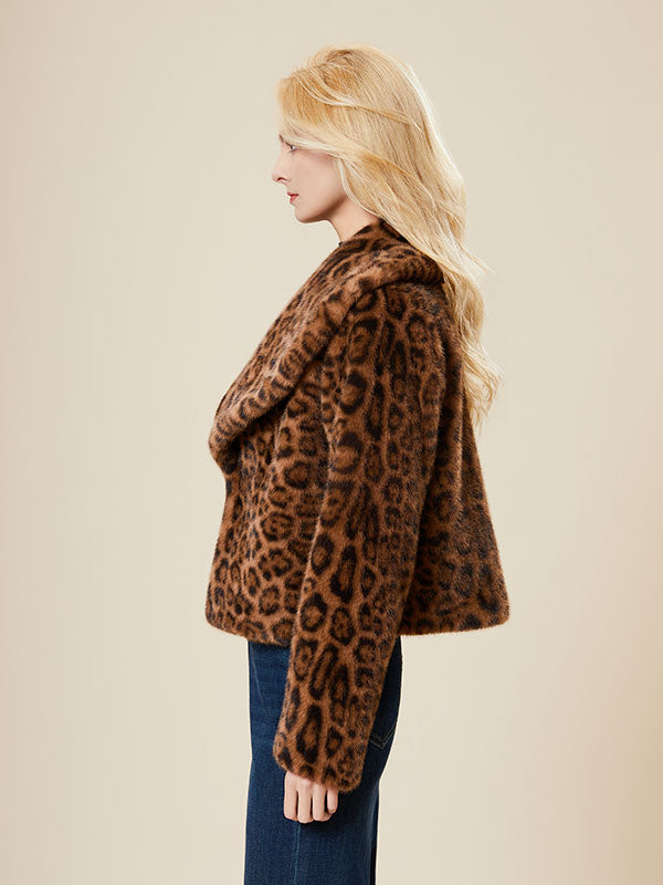 Leopard Printed Lapel Snap Front Fur Coat