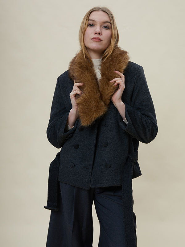 Fur Collar Blet Double Breasted Coat