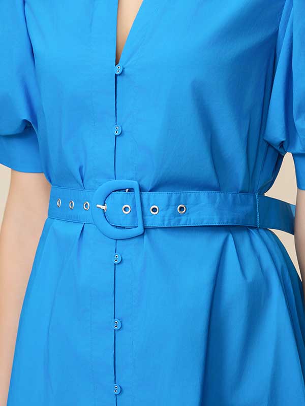 V Neck Belt Blue Maxi Dress