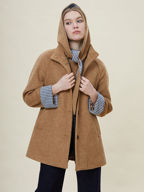 Hooded Checkered Patchwork Design Coat