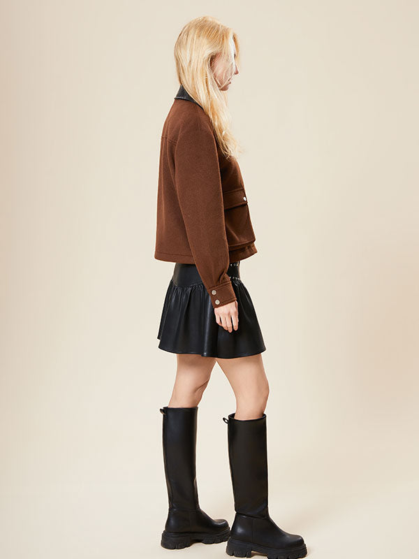 Color Block Metal Buttons Zipper Leather Jacket