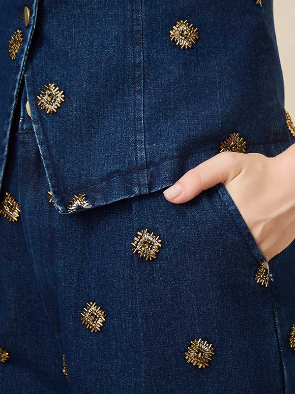 Embroidery V Neck Denim Outfit Sets