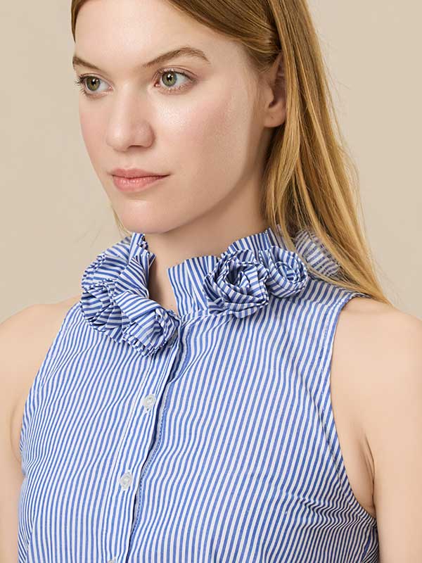 Floral Band Collar Striped Blouse