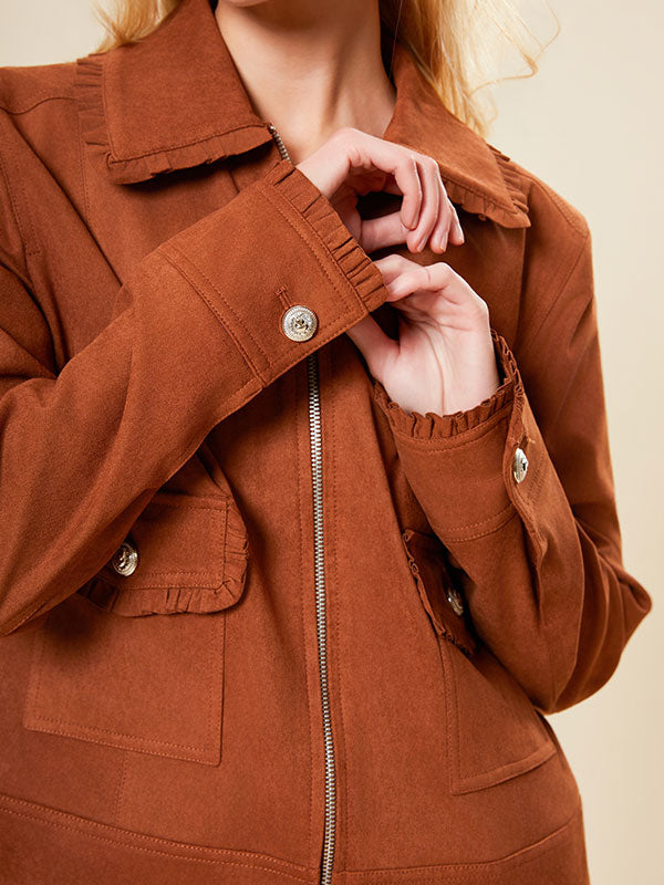 Ruffle Trim Flap Pocket Zipper Solid Jacket