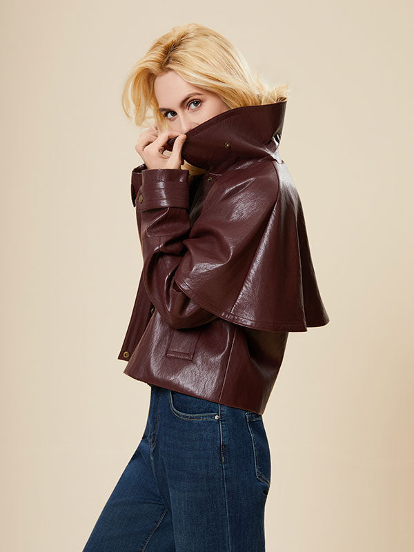 Fold Over Collar Solid Poncho Leather Jacket