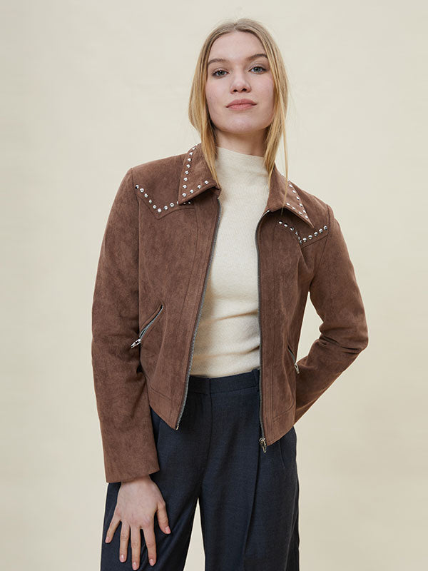 Rivet Fold Over Collar Stylish Jacket