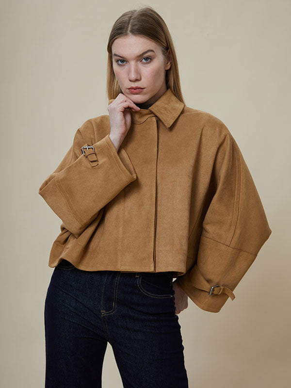 Fold Over Collar Zipper Solid Jacket