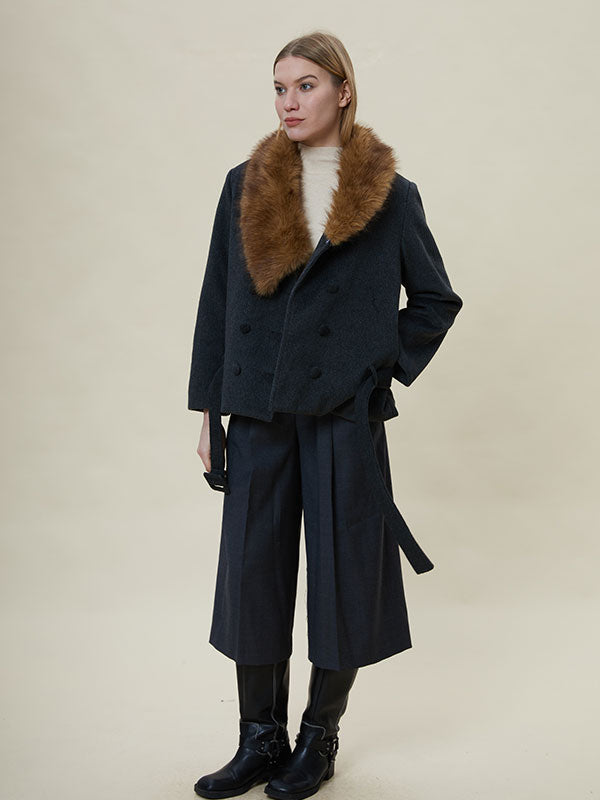 Fur Collar Blet Double Breasted Coat