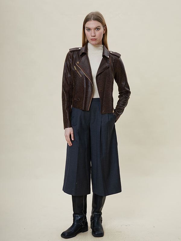 Notch Lapel Animal Printed Leather Jacket