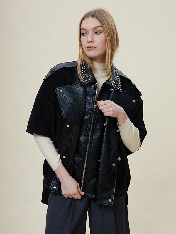 Rivet Fold Over Collar Patchwork Jacket