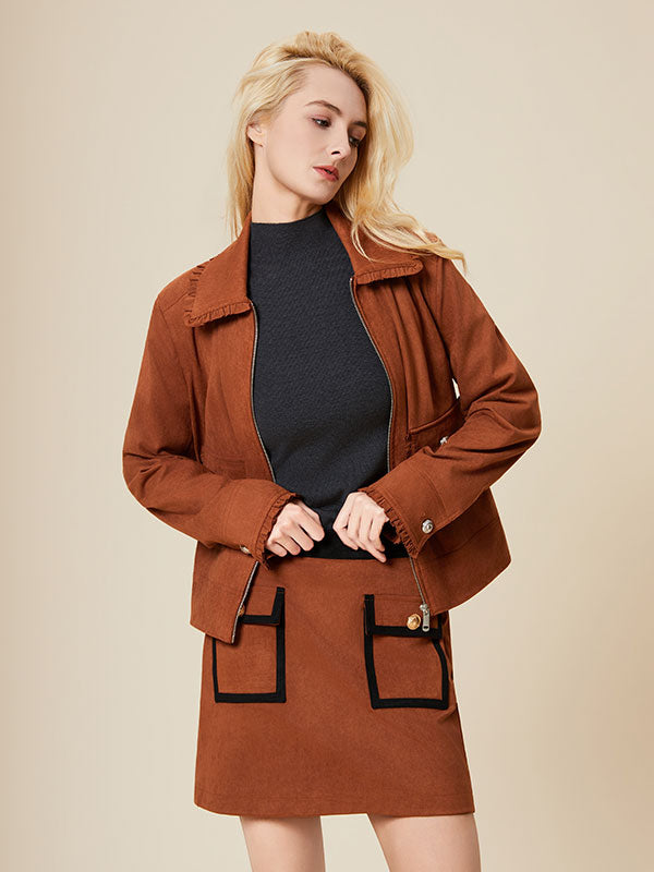 Ruffle Trim Flap Pocket Zipper Solid Jacket