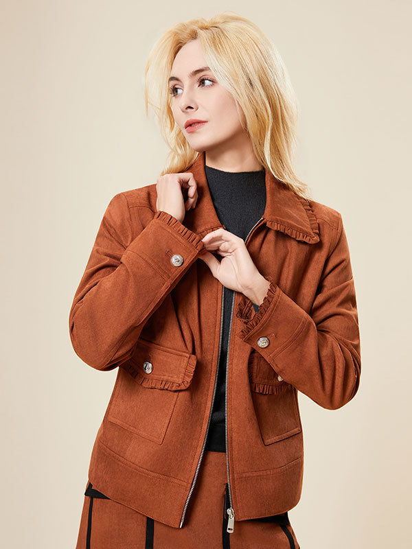 Ruffle Trim Flap Pocket Zipper Solid Jacket