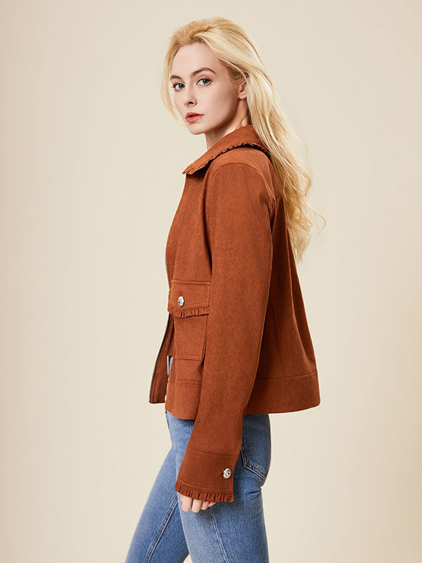 Ruffle Trim Flap Pocket Zipper Solid Jacket