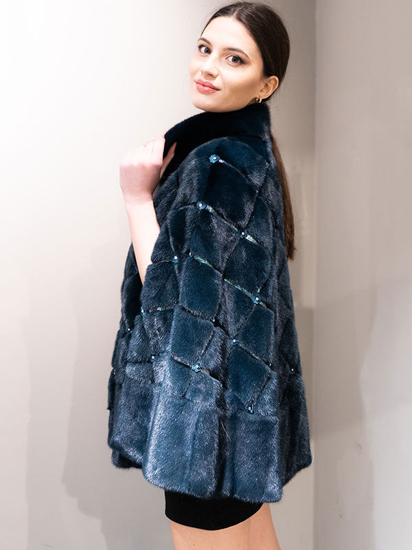 Elegant Blue Shinning Band Collar Outwear