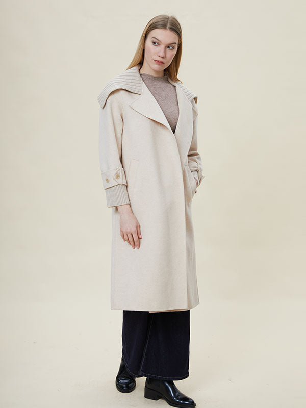 Lapel Rib Knit Cuffs Patchwork Coat