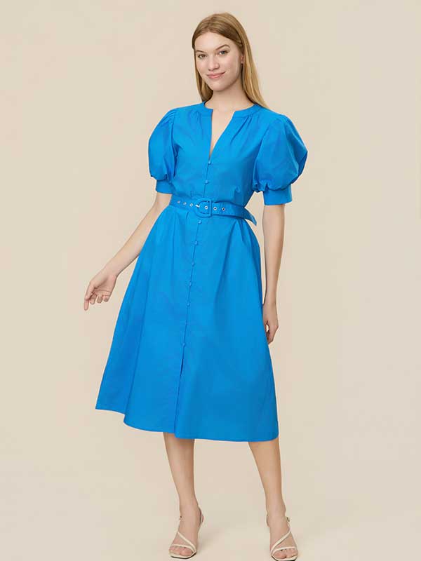 V Neck Belt Blue Maxi Dress