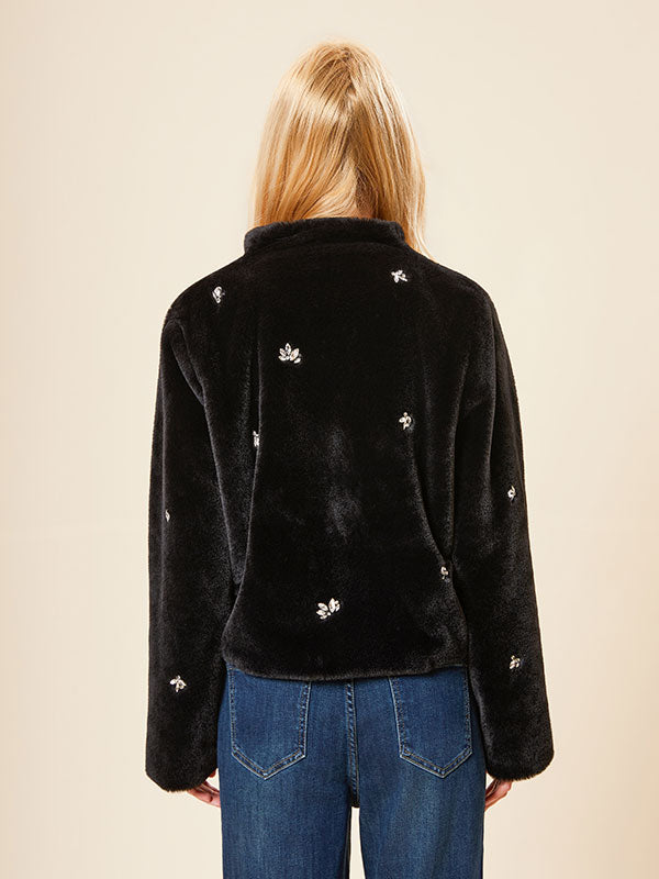 Black Band Collar Diamante Patchwork Coat