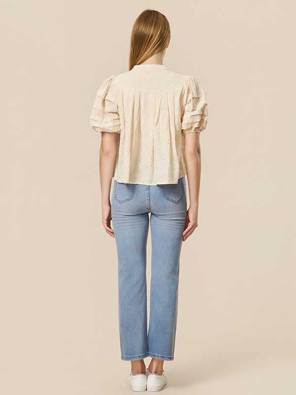 Flounce Hollow Out Crew Neck Blouse