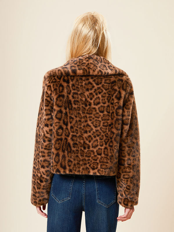 Leopard Printed Lapel Snap Front Fur Coat