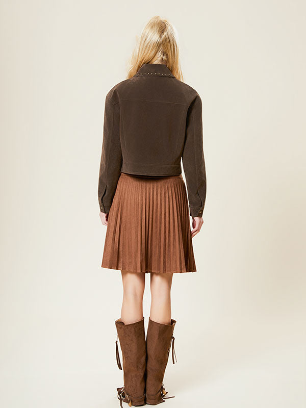 Fold Over Collar Rivet Zipper Brown Jacket