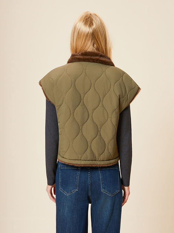 Band Collar Fur Lined Patchwork Vest