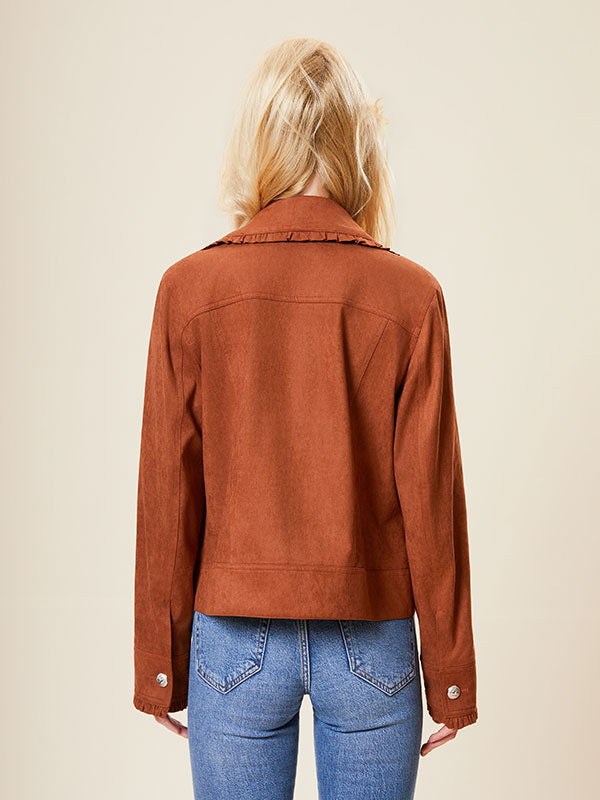 Ruffle Trim Flap Pocket Zipper Solid Jacket