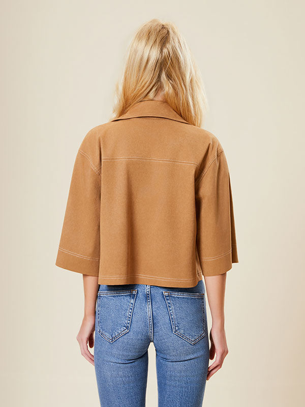 Notch Lapel Patch Pocket Solid Blouse