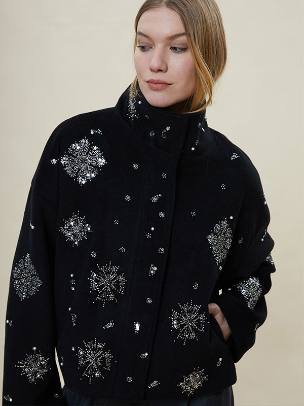 Shinning Band Collar Beading Outwear