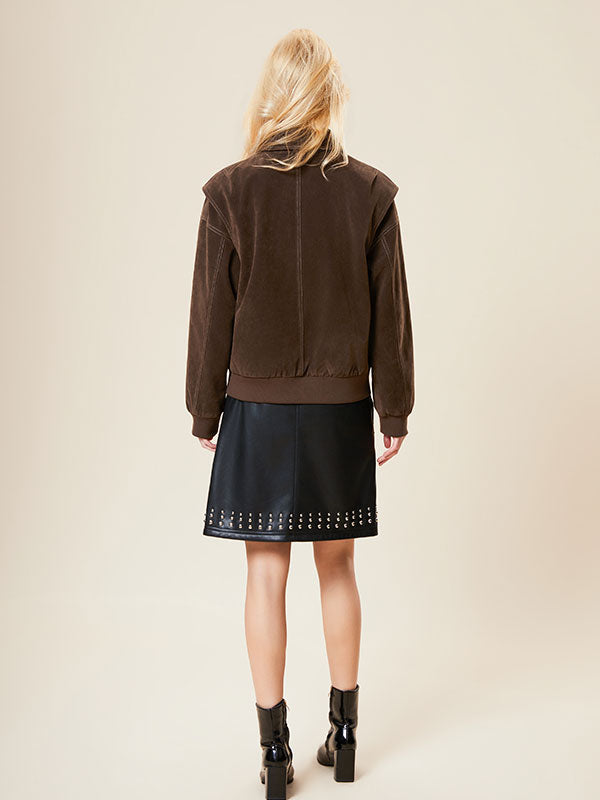 Contrast Stitching Zipper Fold Over Collar Jacket