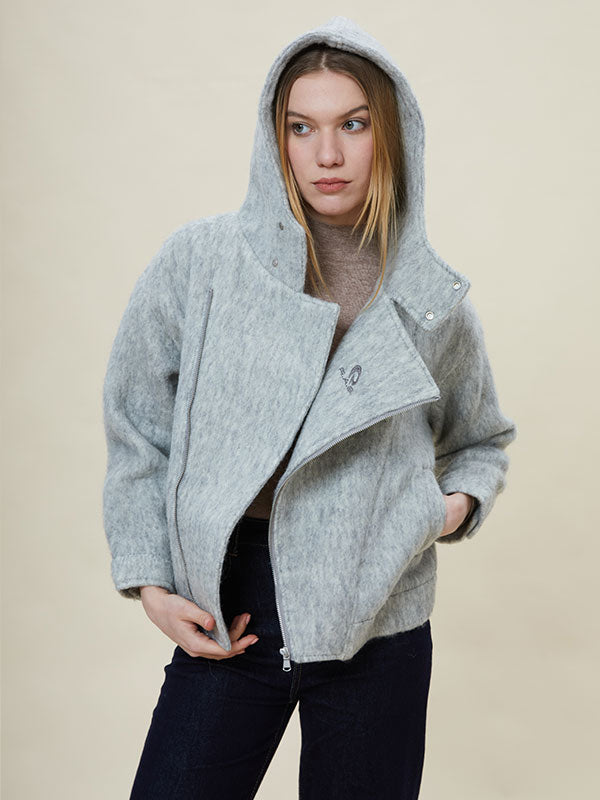 Gray Hooded Zipper Solid Jacket