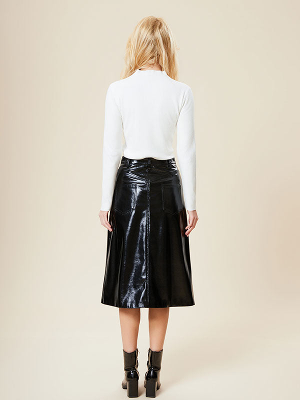 Black Single Breasted Solid Leather Midi Skirt