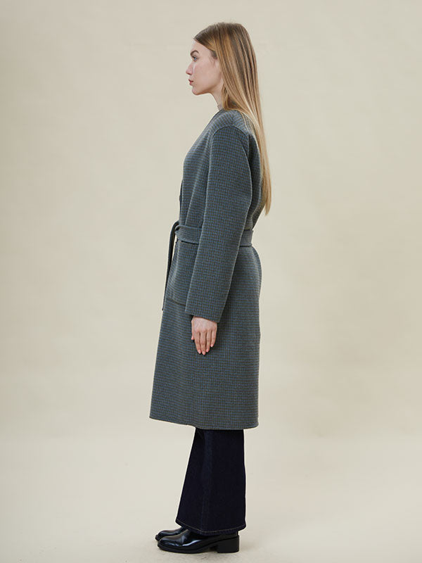 Houndstooth Belt V Neck Coat