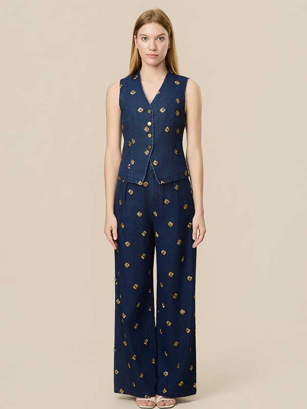 Embroidery V Neck Denim Outfit Sets