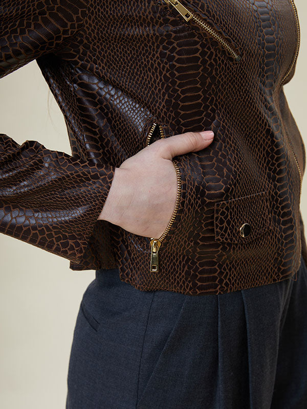 Notch Lapel Animal Printed Leather Jacket