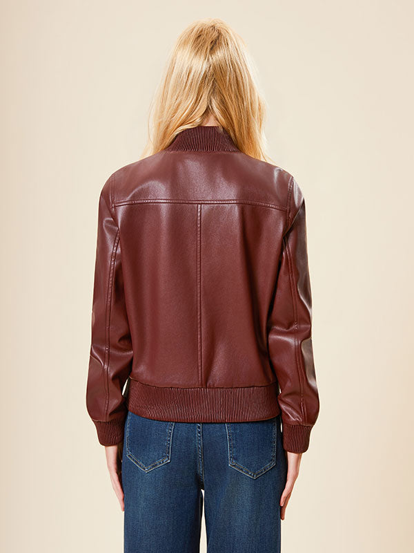 Rib Knit Cuffs Band Collar Leather Jacket