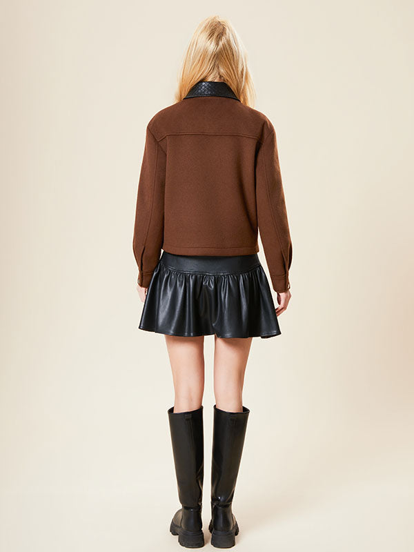 Color Block Metal Buttons Zipper Leather Jacket