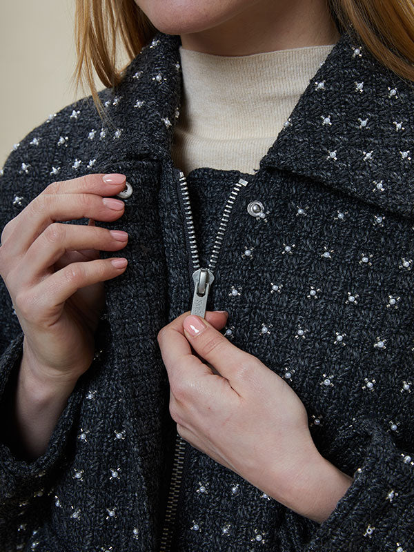 Beading Flap Pocket Zipper Jacket