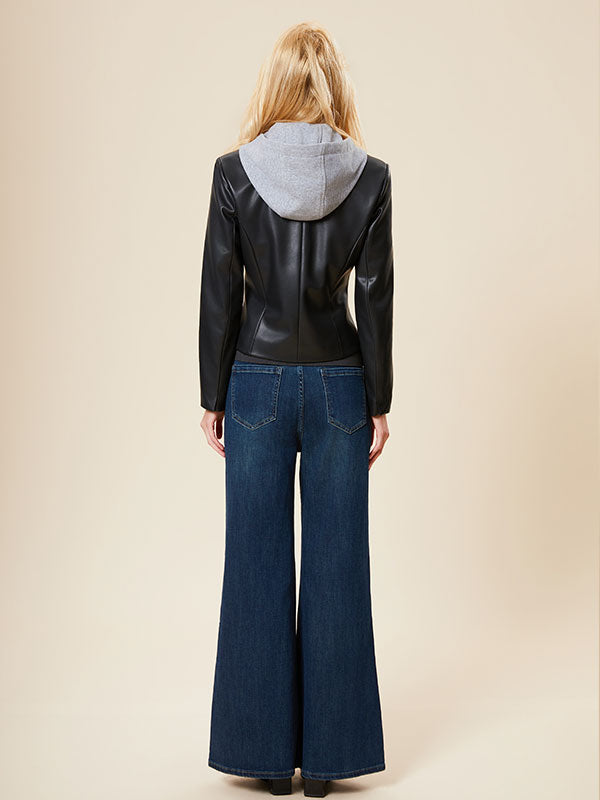 Hooded Color Block Zipper Leather Jacket