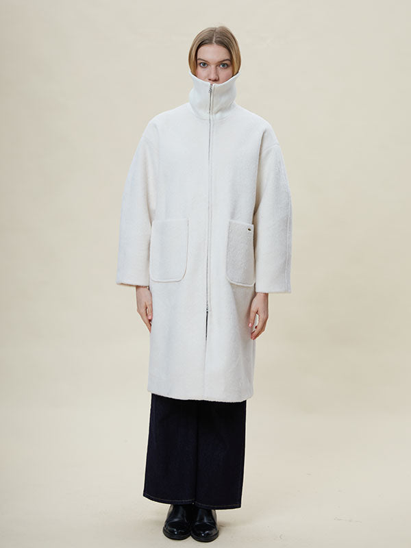 Solid Fold Over Collar Zipper Simple Coat