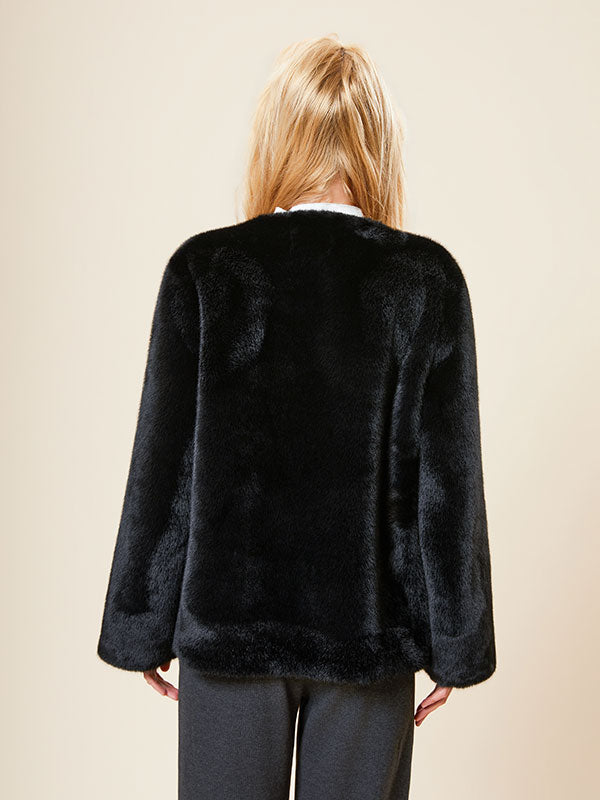 Round Neck Leather Patchwork Black Coat